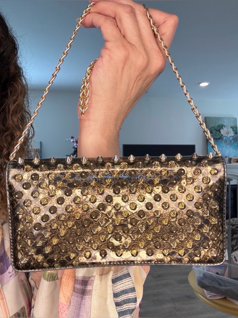 Louboutin Spikes Zip-Around Clutch Wallet snakeskin Python pattern w Entrupy